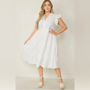 Entro White Ruffle Sleeve Tiered Midi Dress Size L